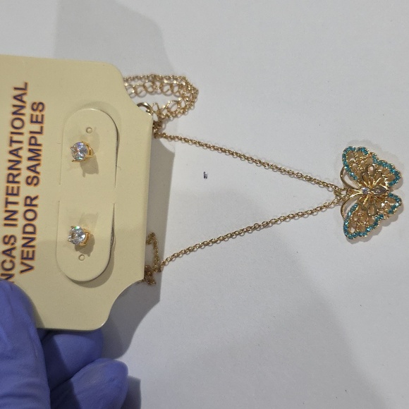 Gold Turquoise Butterfly Pendant Necklace & Stud Earrings Set – Women’s Jewelry - Picture 6 of 8